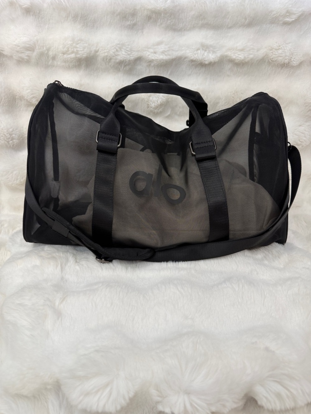 ALO Yoga Black Mesh Duffel with Detachable Shoulder Strap